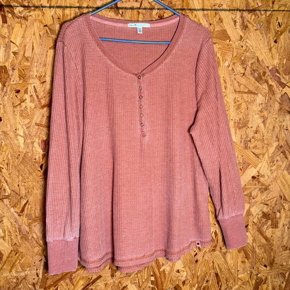 Seven7 Waffle Knit Sweater‎ Relaxed Fit 2XL Henley Top Camel Rustic Brown Cozy